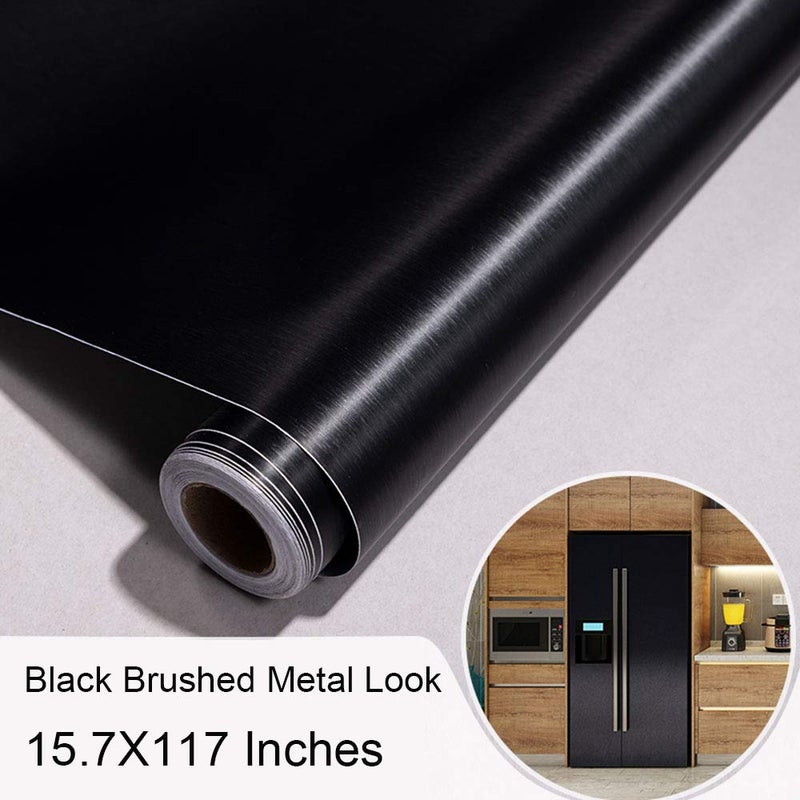 GLOW4U Self Adhesive Vinyl Black Brushed Metal Stainless Steel Look Contact Paper Wallpaper for Refrigerator Dishwasher Stove Oven Doors Appliances Kitchen Countertop Cabinets Furniture 15.7x117 Inches - Image 3